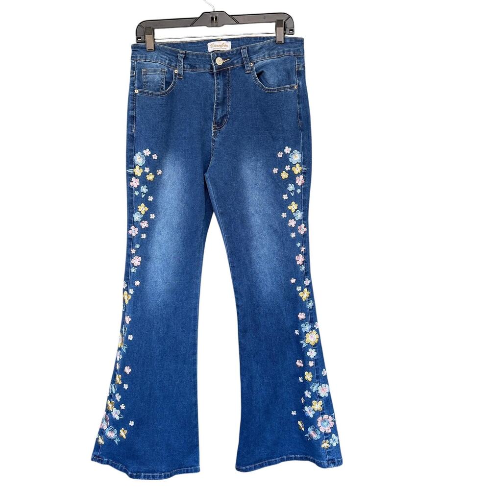 Bamboo Jeans Junior 11 Blue Floral Embroidered Stretch Bootcut Flare Bell Bottom - Picture 1 of 9